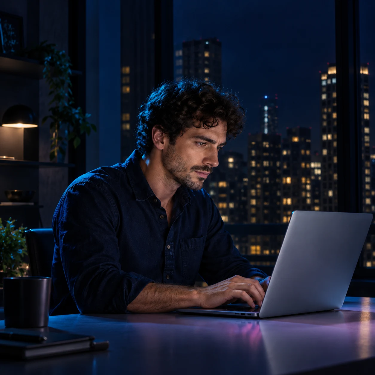 A creator working on his next idea at night.